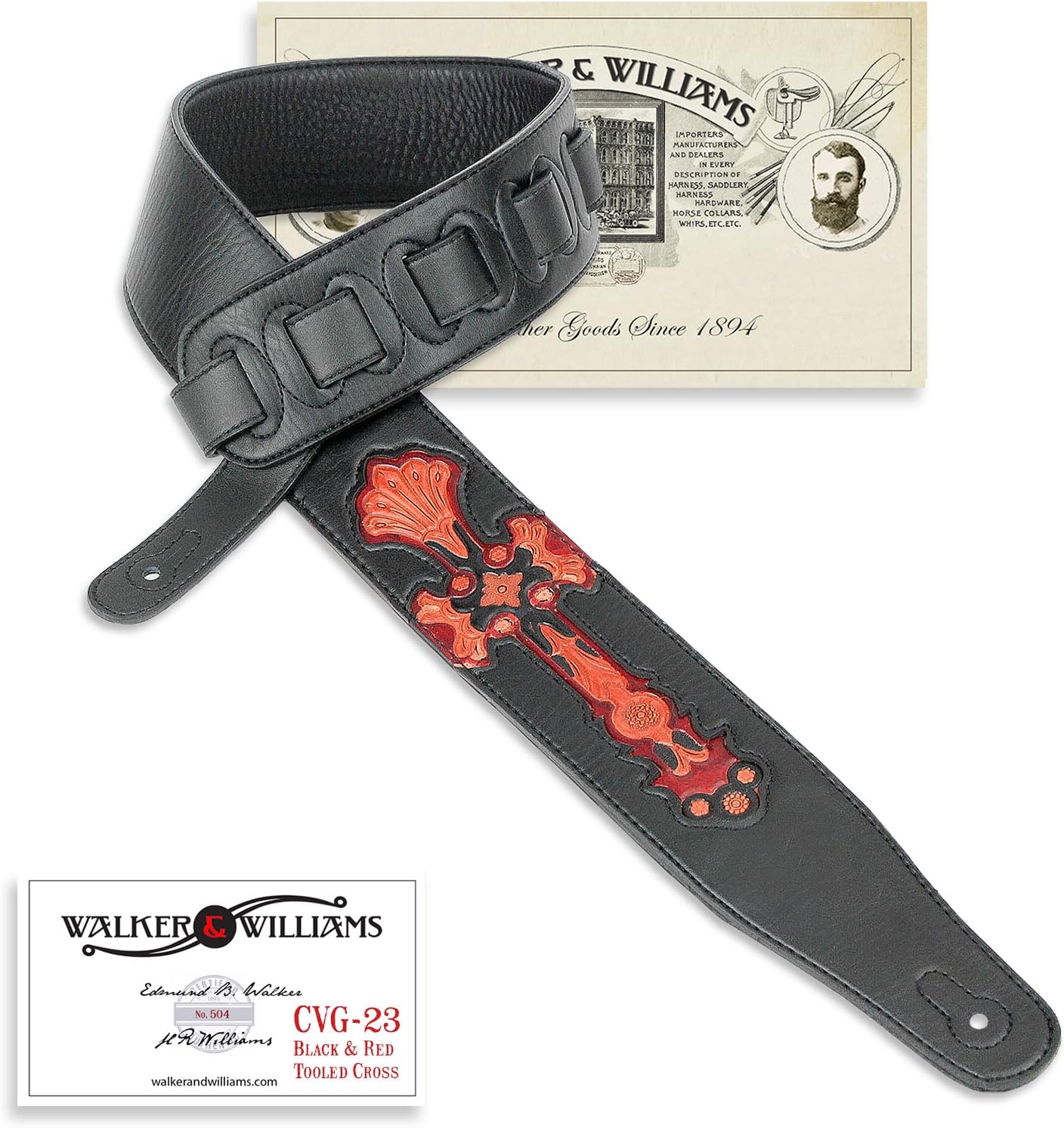 Walker & Williams Cvg-23 Black & Red Leather Christian Guitar Strap Hand Tooled Cross Design