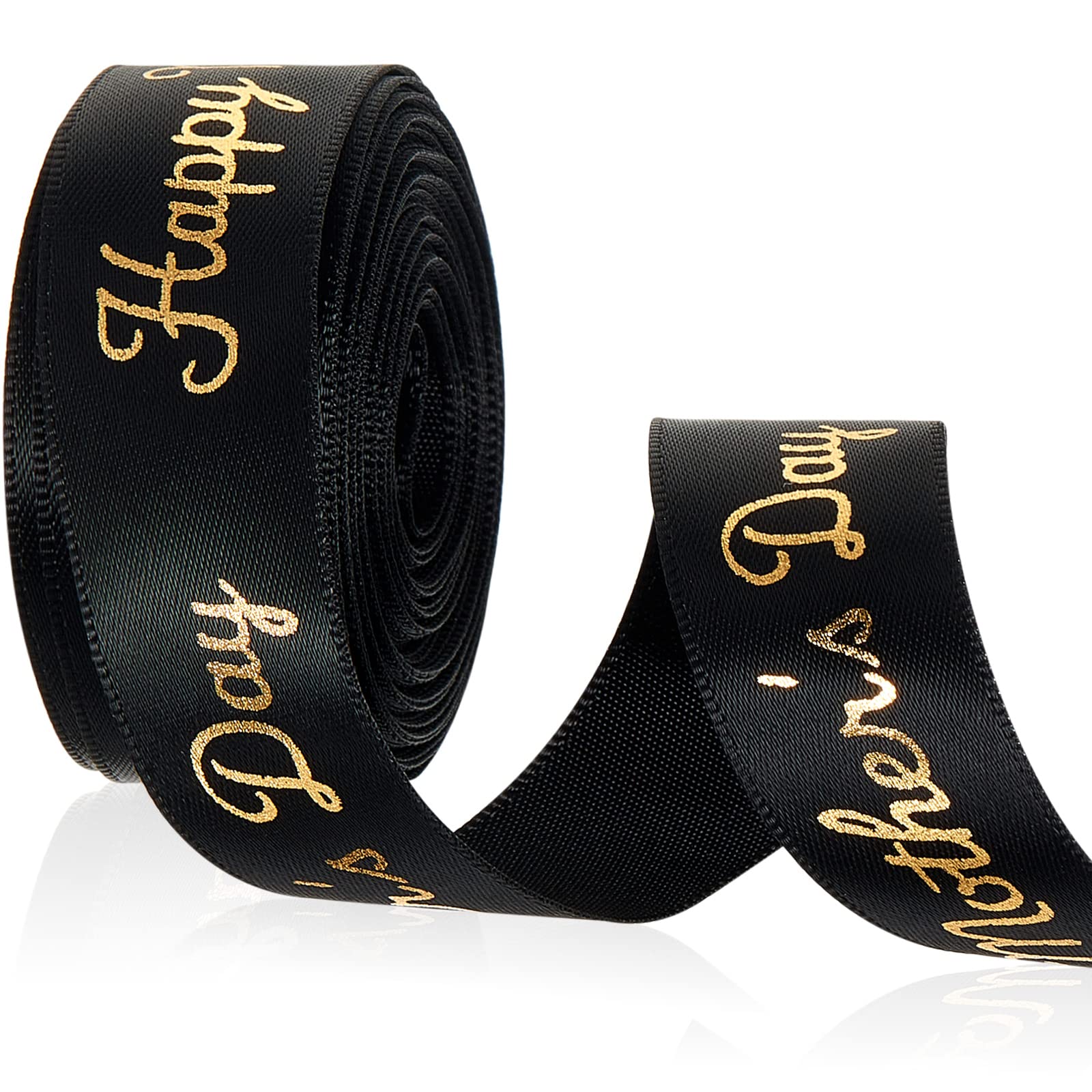 Syhood Satin Ribbon, Black, Gold, Letter Print, Modern, 20 mm x 10 Yard, Mother's Day, Wedding, Bridal Shower, Engagement, Birthday, Polyester, 1 Roll