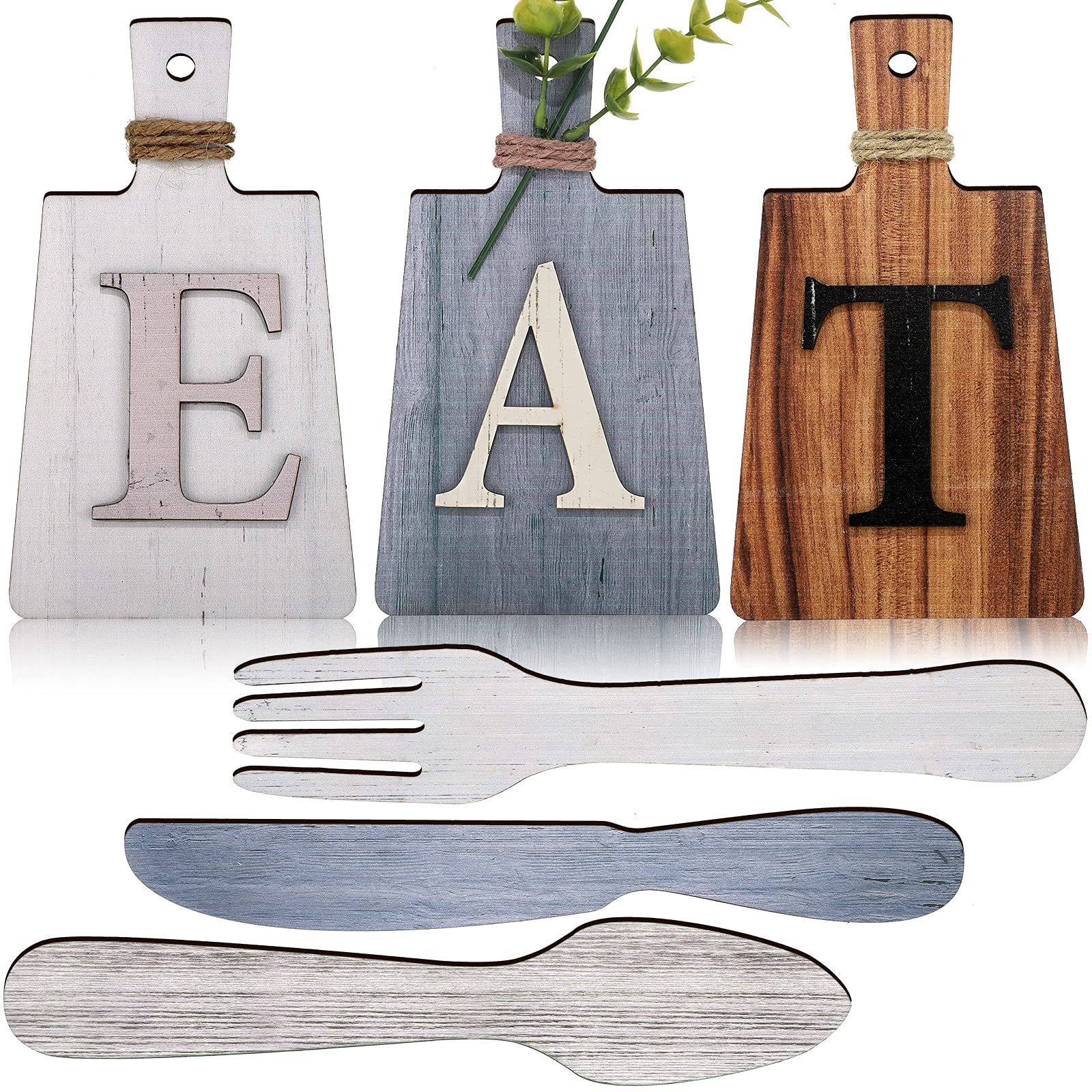 Blulu 6 Pieces Cutting Board Eat Sign Set Hanging Kitchen Eat Sign Fork and Spoon Wall Decor Rustic Farmhouse Decor for Kitchen and Home Decoration Art(Vintage Color)