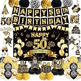 50th Birthday Decorations, Pre-Strung Happy Birthday Banner with Balloons, Backdrop, Honeycomb Centerpieces, Hanging Swirl Streamers, Black Gold Happy Birthday Party Decorations for Men Women