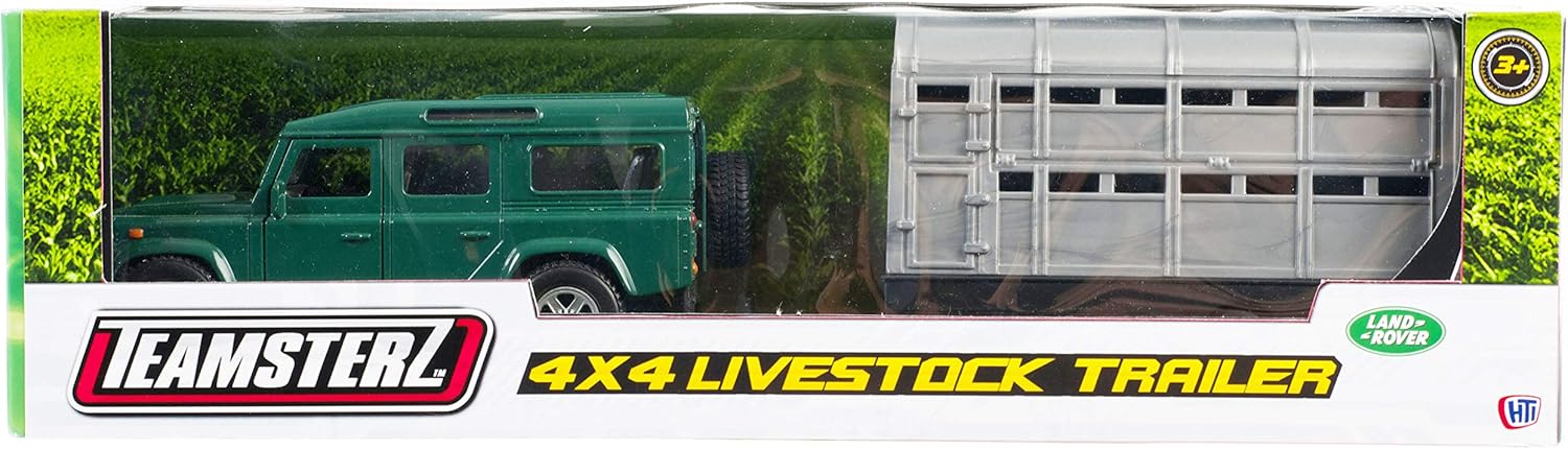 NEW 4X4 GREEN/ RED LAND ROVER CAR WITH SILVER LIVESTOCK TRAILER 1:43 SCALE TEAMSTERS, 5.1 inches - Image 4