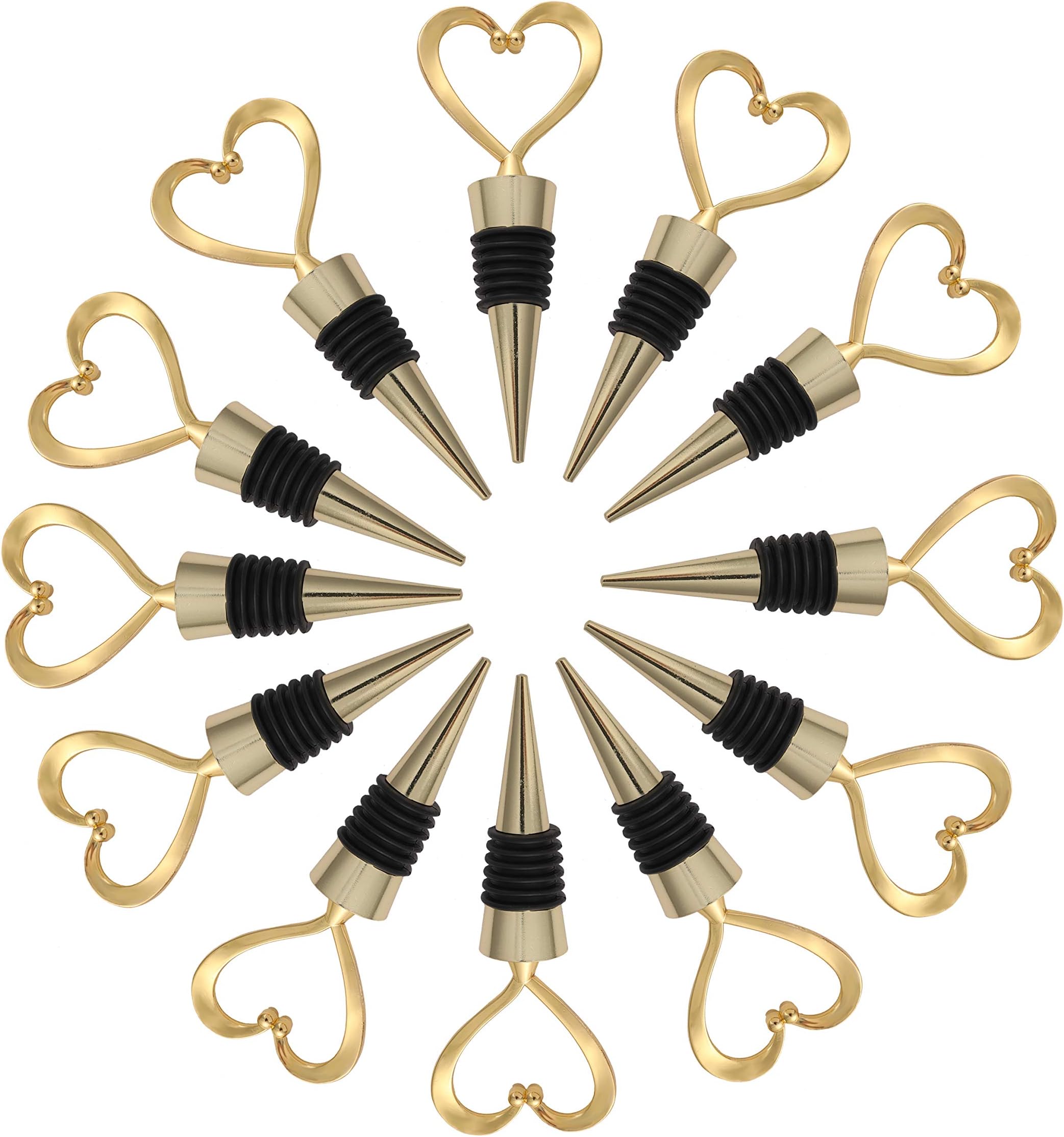 WeddParty 12PCS Wedding Favor for Guests, Heart Wine Bottle Stopper Champagne Saver with White Organza Gift Bags for Baby Shower Favors Bridal Shower Party Souvenirs Gift Supplies (Gold Heart, 12)