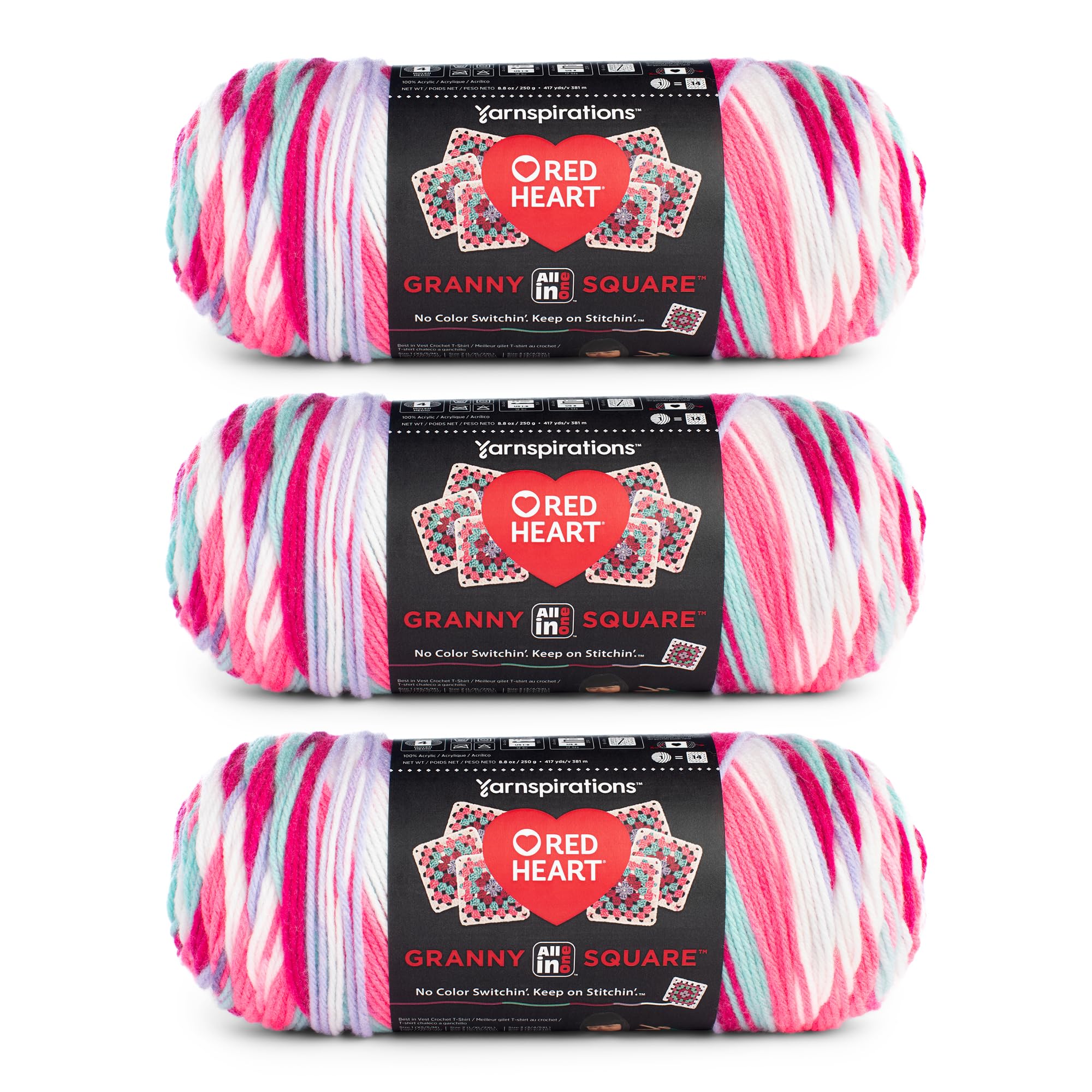 Red Heart All in One Granny Square Soft White - Pink Punch Yarn - 3 Pack of 250g/8.8oz - 100% Acrylic - #4 Worsted (Medium) - 381m/417Yards - for Knitting, Crochet and Amigurumi