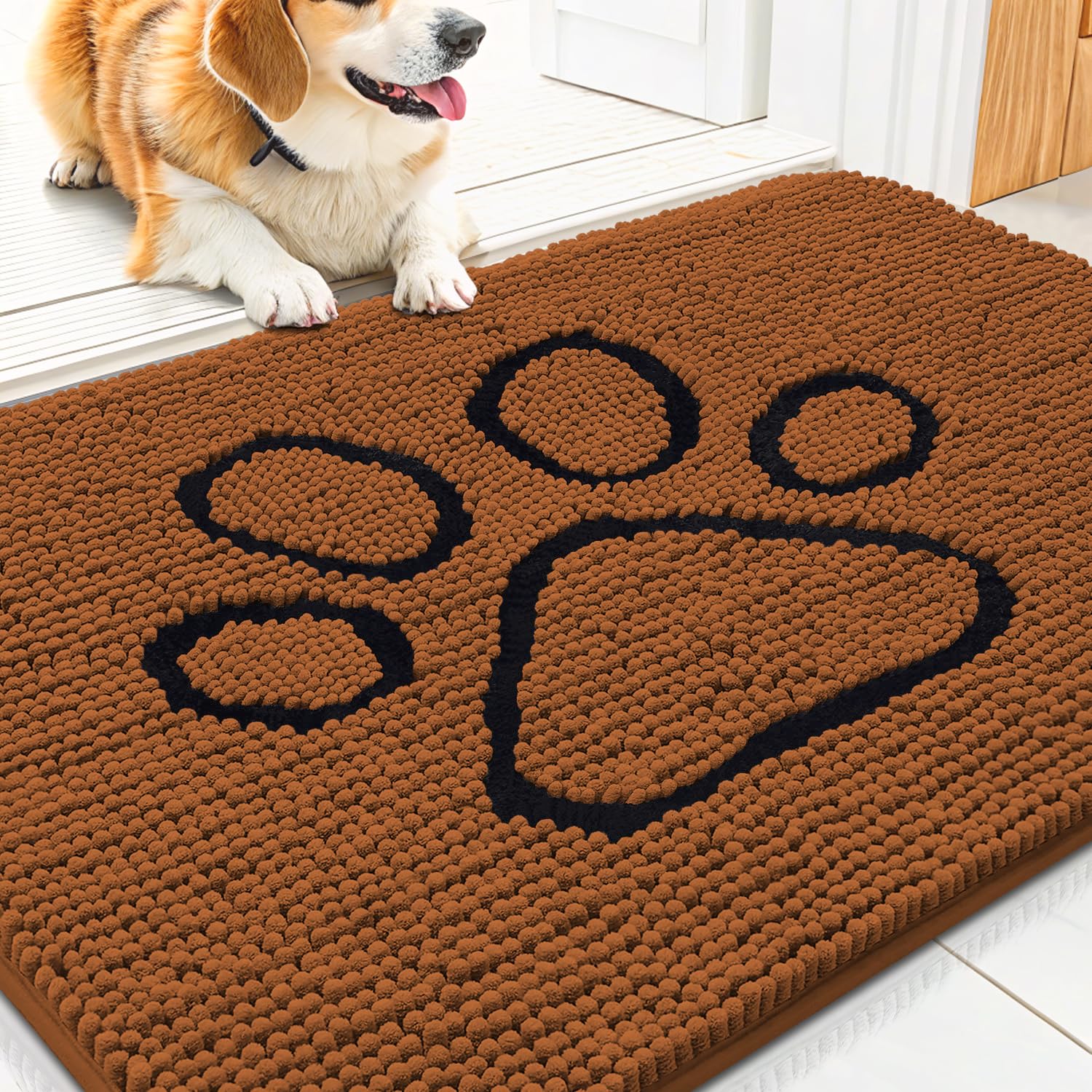 Smiry Dog Door Mat for Muddy Paws, Absorbent Dirt Trapper Non Slip Quick Dry Washable Chenille Mat for Mud Dogs, Entry Rug for Indoor and Outdoor (30x20 Inches, Ochre and Black) Image