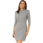 Allegra K Women's Mock Neck 3/4 Sleeve Slim Check Office Work Plaid Dress