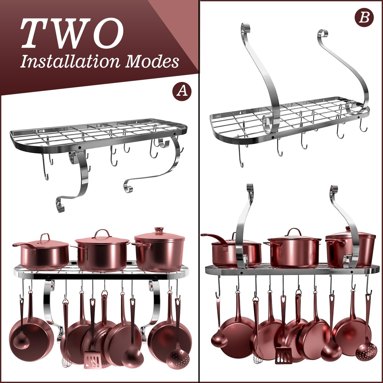 VDOMUS Square Grid Wall Mount Pot Rack, Bookshelf Rack with 10 Hooks, Kitchen Cookware, 24 by 10-inch (Sliver): Kitchen & Dining
