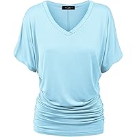 Made By Johnny MBJ Women's Solid Short Sleeve Boat Neck V Neck Dolman Top with Side Shirring