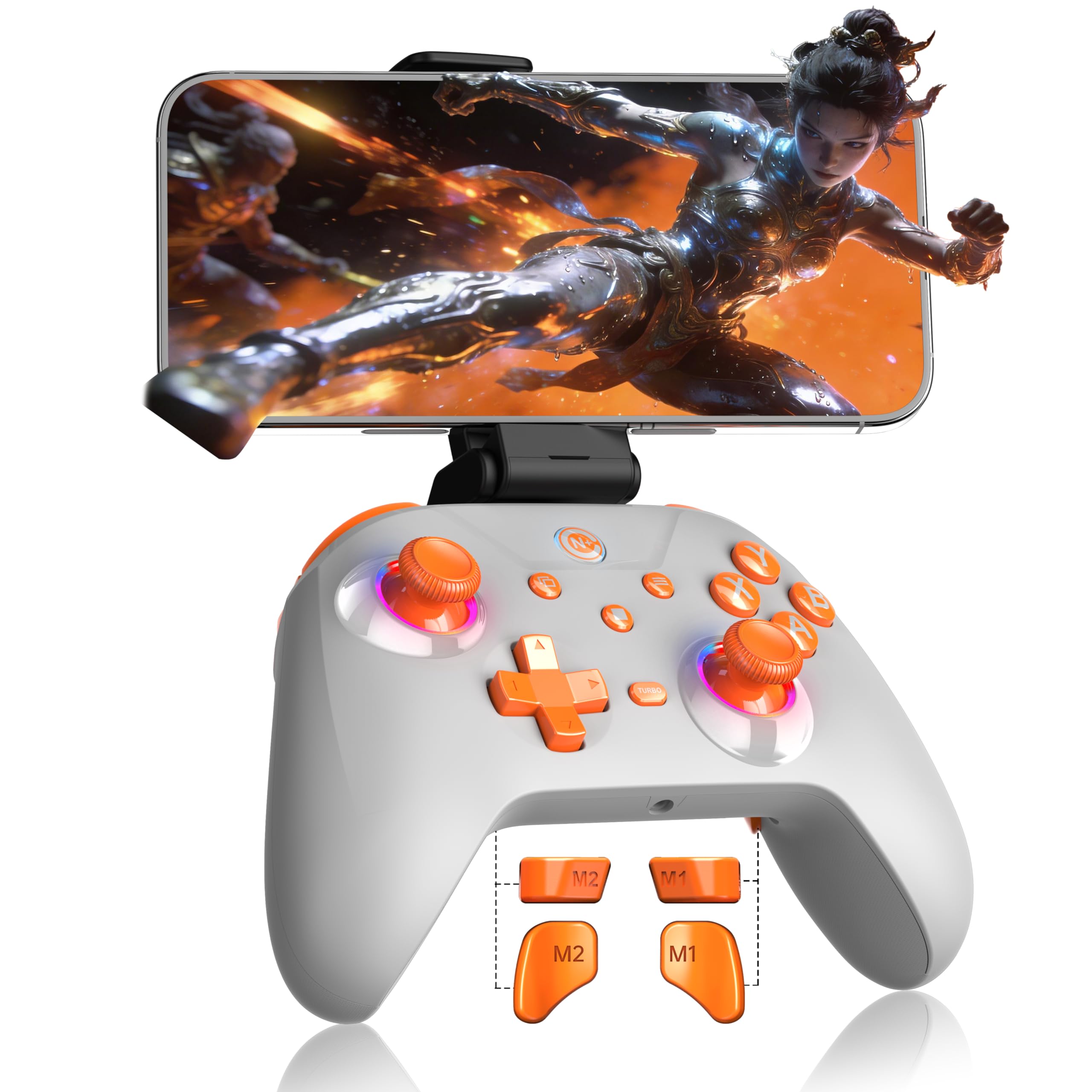 Bcofo Wireless Gaming Controller, PC Controller for PC/Switch/P3/iOS/Android with 4 Programing Buttons, Hall Effect Trigger, RGB Lighting,1000mAh Battery, Turbo, Dual Vibration, Screenshot, White