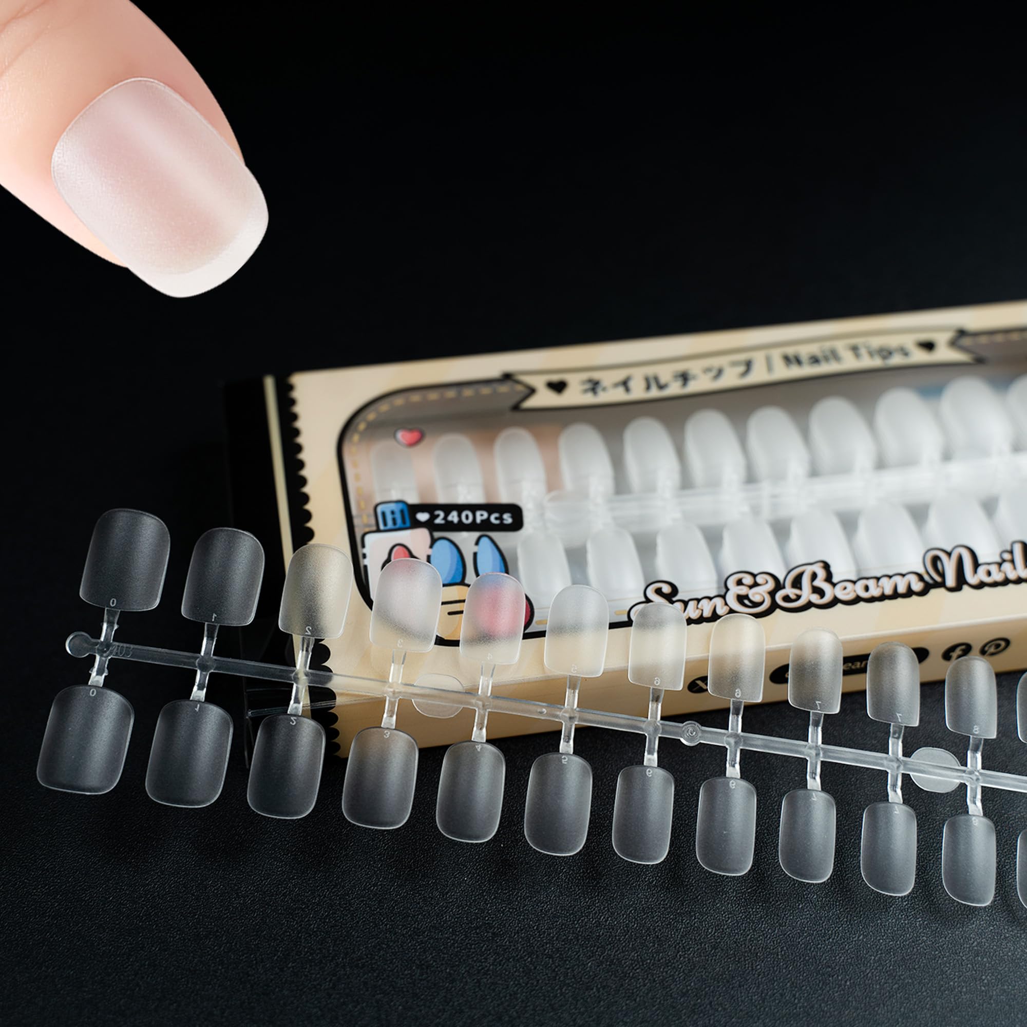 Sun&Beam Nails Fake Nails Tips Full Clear Acrylic Cover for Manicure Salons Nail Art 15 Sizes 240 Pcs (Extra Short Squoval)