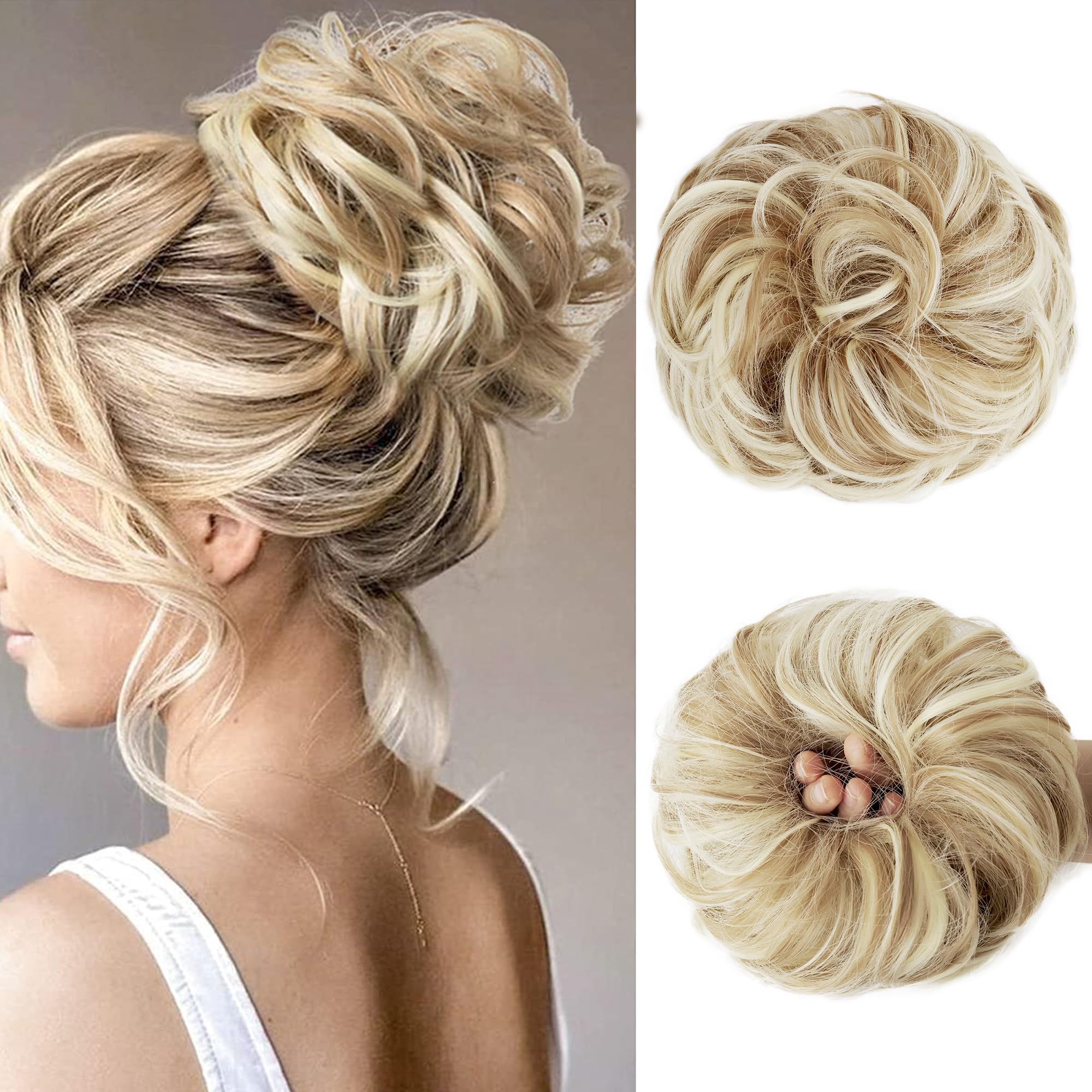 BELEVO Messy Bun Hair Piece - Curly Wavy Synthetic Updo Ponytail Scrunchies for Women Girls - Large Blonde Extensions for Weddings, Party (55G)
