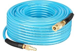 YOTOO Reinforced Polyurethane Air Hose 1/4" Inner Diameter by 100' Long, Flexible, Heavy Duty Air Compressor Hose with Bend Restrictor, 1/4" Swivel Industrial Quick Coupler and Plug, Blue