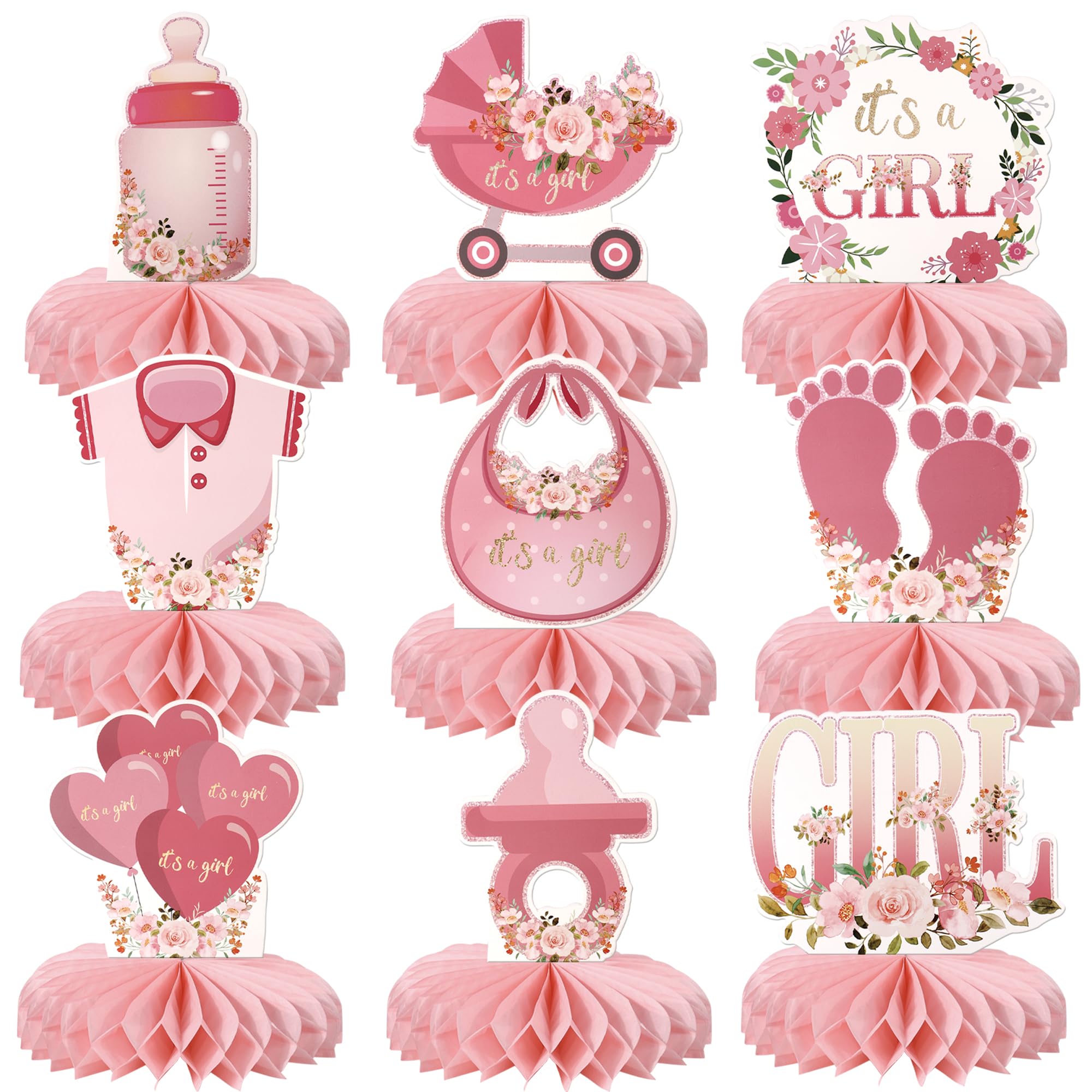 9 Pack Pink Baby Shower Decorations for Girls Baby Shower Honeycomb Centerpieces Floral It's a Girl Gender Reveal Table Centerpiece for Baby Girl Pregnancy Announcement Party Table Toppers
