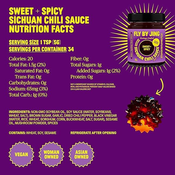 FLYBYJING SWEET + SPICY SICHUAN CHILI SAUCE: PERFECT FOR NOODLES, PROTEINS, VEGGIES, FISH, DUMPLINGS AND EVERYTHING ELSE – HOT SAUCE, MARINADE AND GLAZE MADE W/PREMIUM CHILIS – VEGAN, 6OZ (PACK OF 1)