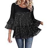Bebonnie Womens Dressy Sparkly Peplum Tops 3/4 Sleeve Ruffles Elegant Evening Flowy Blouses