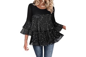 Bebonnie Womens Dressy Sparkly Peplum Tops 3/4 Sleeve Ruffles Elegant Evening Flowy Blouses