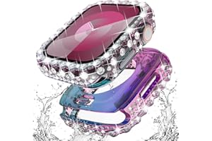 Surace 2 in 1 Waterproof Bling Case Compatible for Apple Watch Series 9 Series 8 Series 7 45mm Screen Protector, Lace Edge Diamond Protective Bumper Face Cover for iWatch Accessories Women, Rainbow