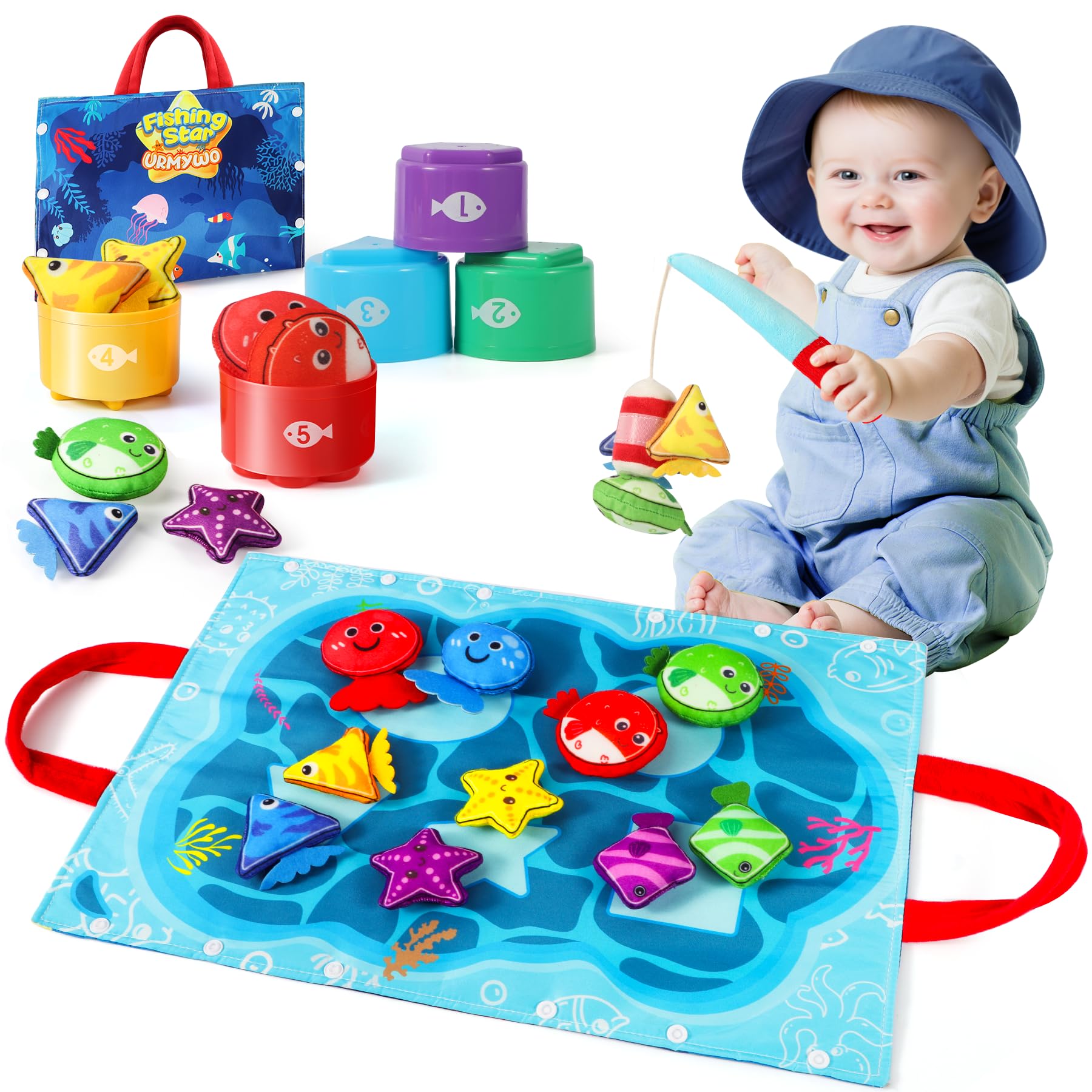 URMYWO Toys for 1 Year Old Boys Girls, Fabric Fishing Game Toys with Stacking Cups, Early Years Learning Colour Sorting, Number Counting, Shape Learning Gifts for Toddler Blue