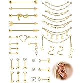 REVOLIA Surgical Steel Industrial Barbell Earrings with Chain for Women Dangle Cartilage Earring Studs Cartilage Helix Tragus Daith Industrial Piercing Jewelry Set