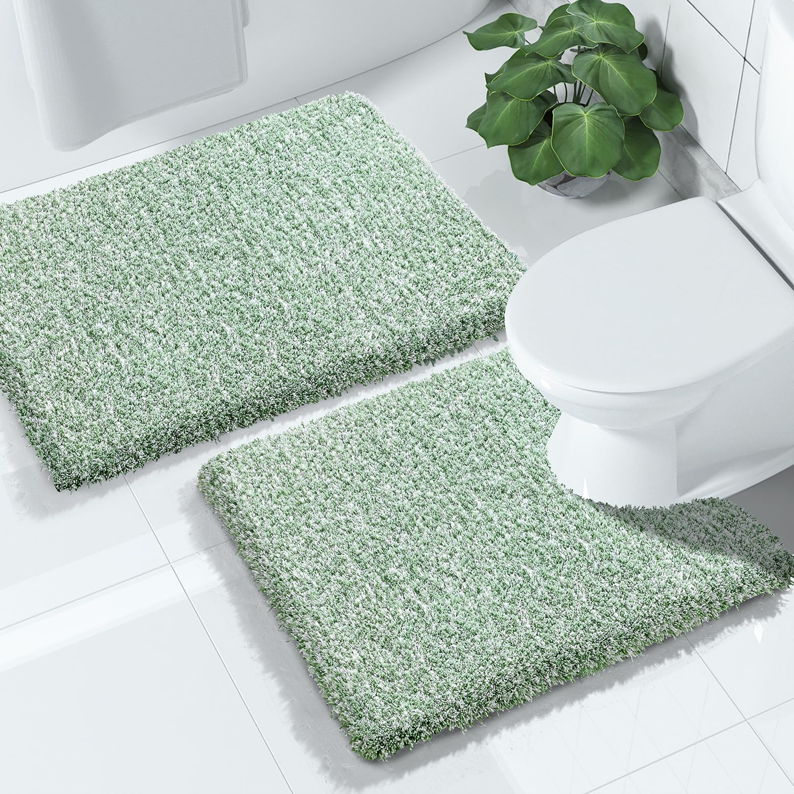 Photo 1 of Yimobra Fluffy Bathroom Rugs Sets 2 Piece, Shaggy Toilet Rug U Shaped, Soft Non Slip Bath Mat,Thick Plush Shower Rug,Water Absorbent,Machine Washable,24x17+24x20 Inches, Light Green and White
