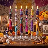 Aurelema 6 Pcs Dia De Los Muertos Battery Operated Flameless Taper Candles | Floral Sugar Skull Skeleton Design, Table Altar Decor, Day of Dead Theme Decoration, Safe Indoor Remote, Mexican Fiesta Party