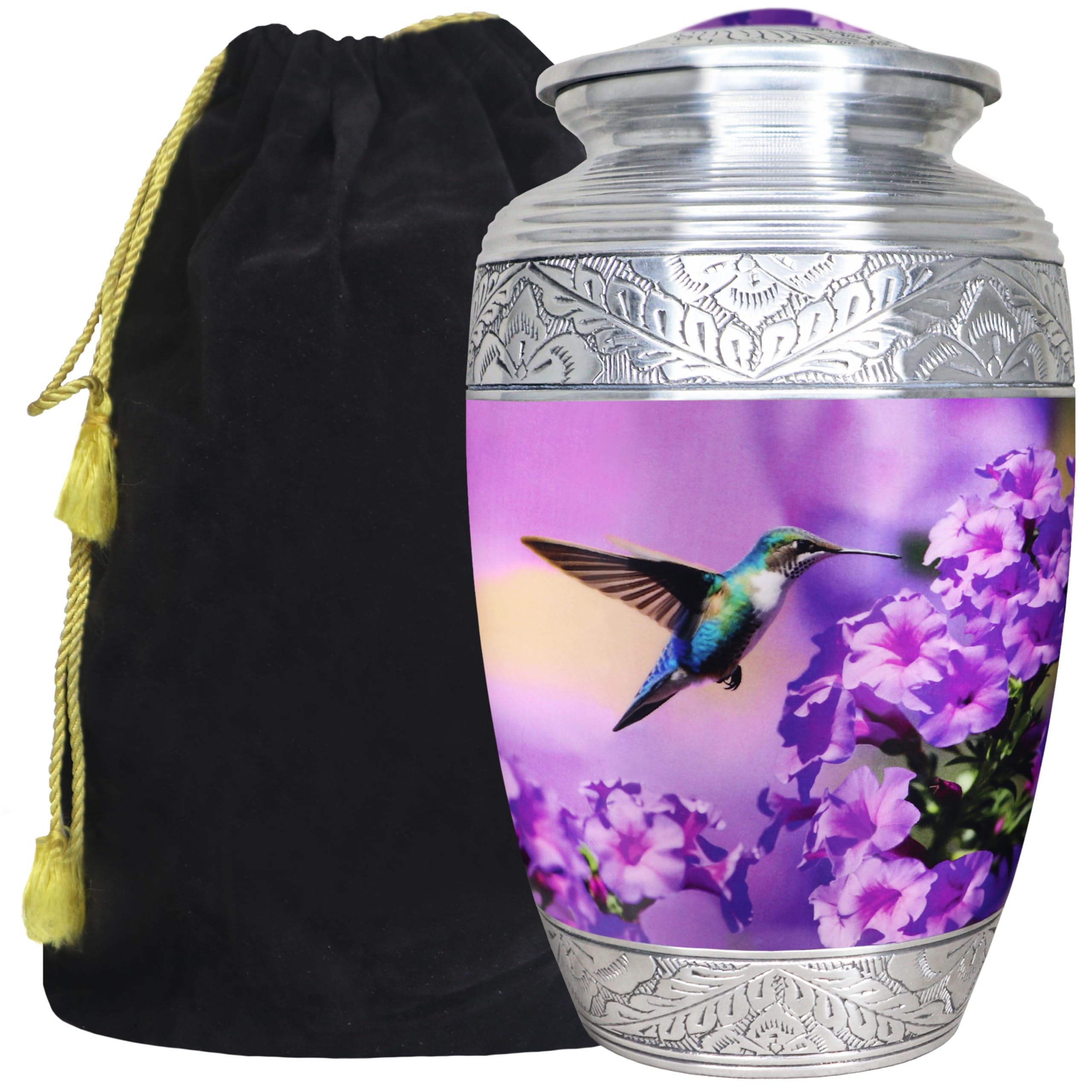 Photo 1 of M MEILINXU Urn for Ashes for Women & Man, Cremation Urns for Human Ashes Adult Female & Male, Funeral Decorative, Engraving Urn, Purple Flower and Hummingbird - Large Full Size