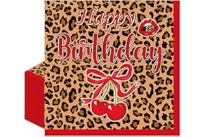 Aposwow Cheetah and Cherry Birthday Decorations - 50 PCS Cheetah Print Cherry Napkins with Happy Birthday, Girls’ Night Women
