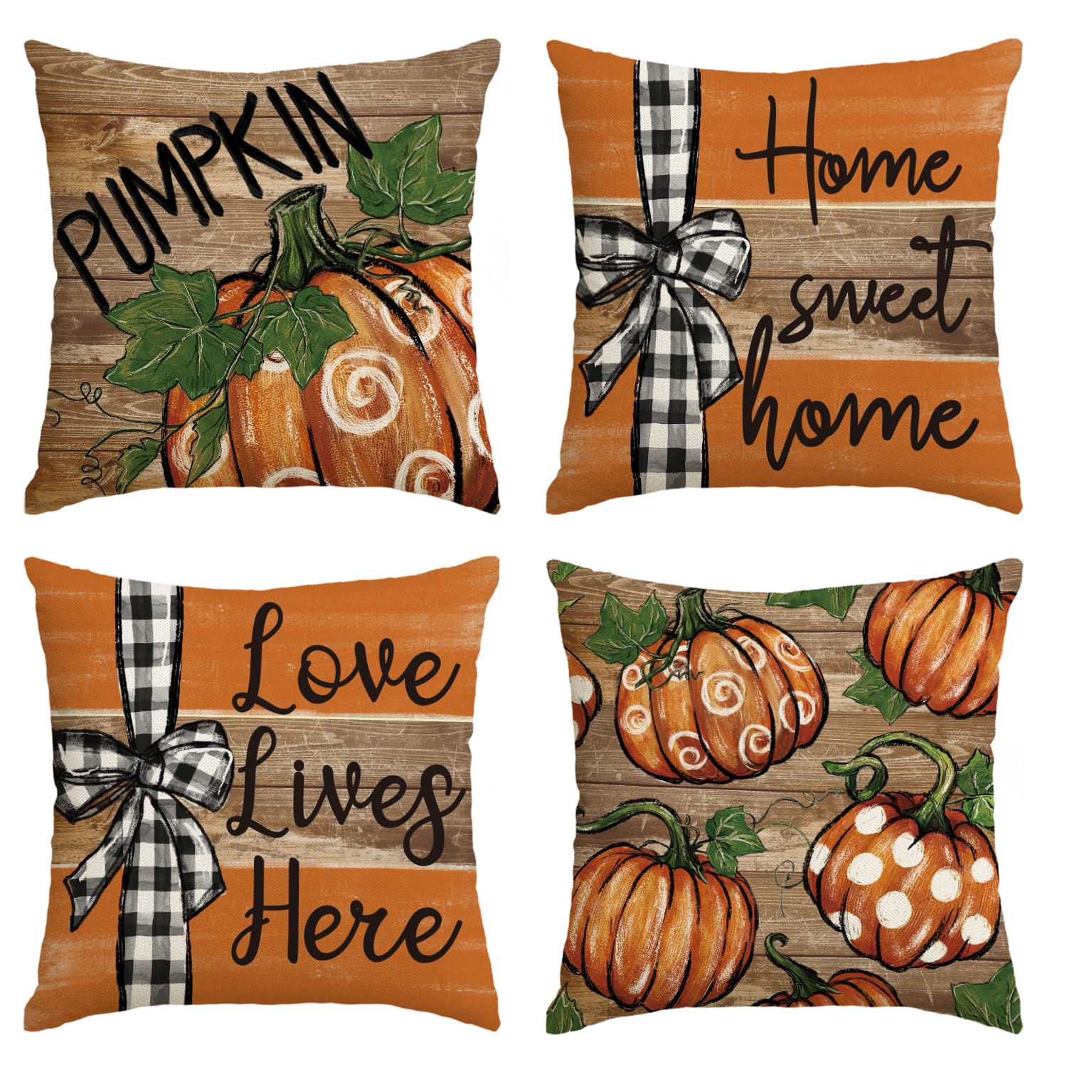 Photo 1 of AVOIN colorlife Fall Pumpkin Home Sweet Home Thanksgiving Throw Pillow Covers, 18 x 18 Inch Love Lives Here Autumn Harvest Stripes Polka Dots Give Thanks Decorations for Sofa Couch Set of 4
