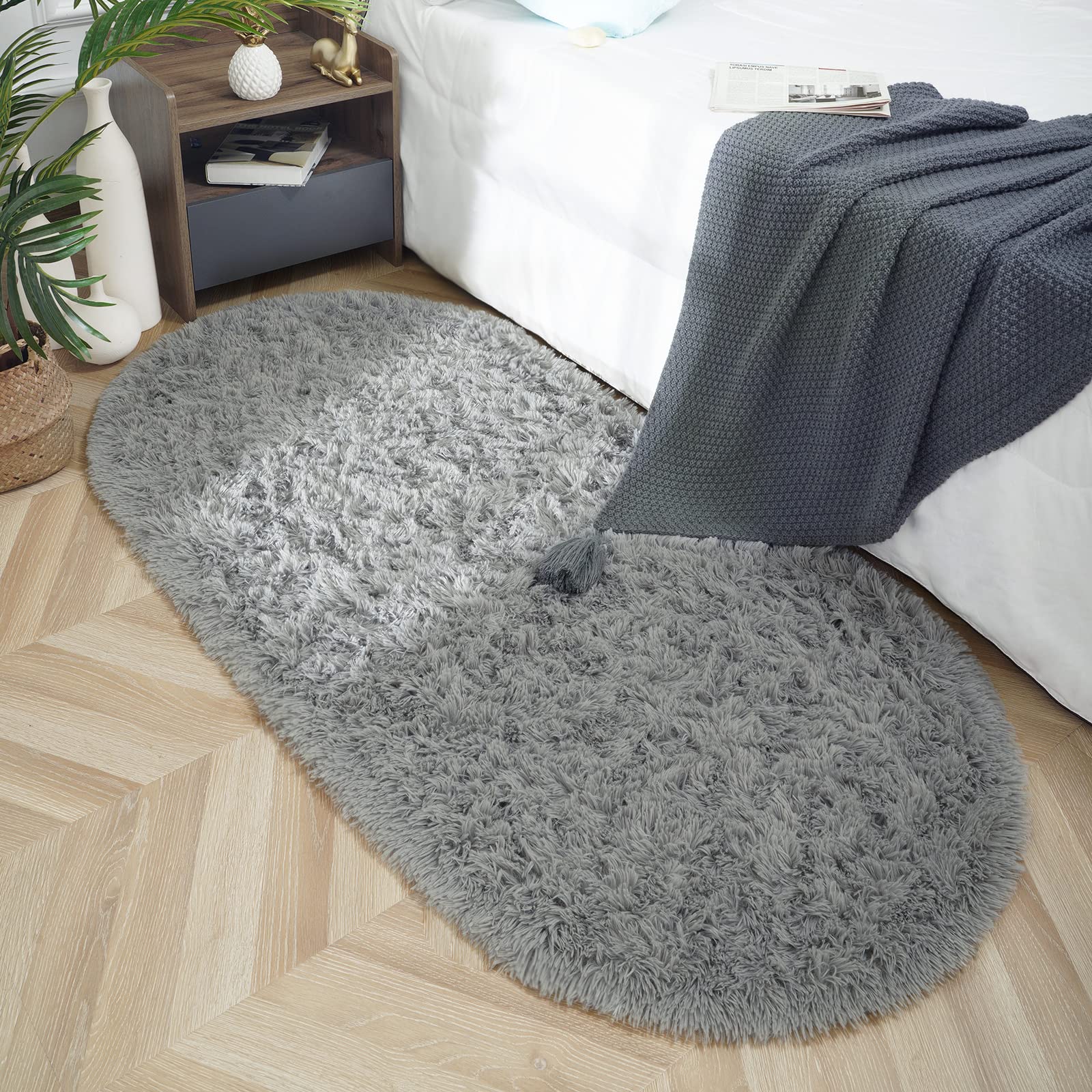 Photo 1 of ISEAU Oval Fluffy Rug Carpets, Modern Plush Shaggy Area Rugs for Kids Bedroom Extra Comfy Cute Nursery Mat Bedside Carpet for Boys Girls Room Home Decor Mats, 2.6 x 5.3ft, Grey