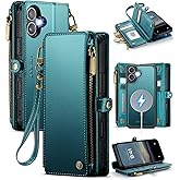 Defencase for iPhone 16 Magnetic Wallet Case Compatible with Magsafe with RFID Blocking Zipper Pocket & Card Holder for Women Men PU Leather Strap Detachable Case for iPhone 16 (6.1 inch), Blue Green