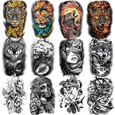 36 Sheets Temporary Tattoo for Men Women Adults, 12 Sheets Large Size Black 3D Half Sleeve Fake Tattoos, Halloween Tattoos Scary Lion Wolf Tiger PantherSnake Skull Skeleton Tattoos Stickers Tattoos