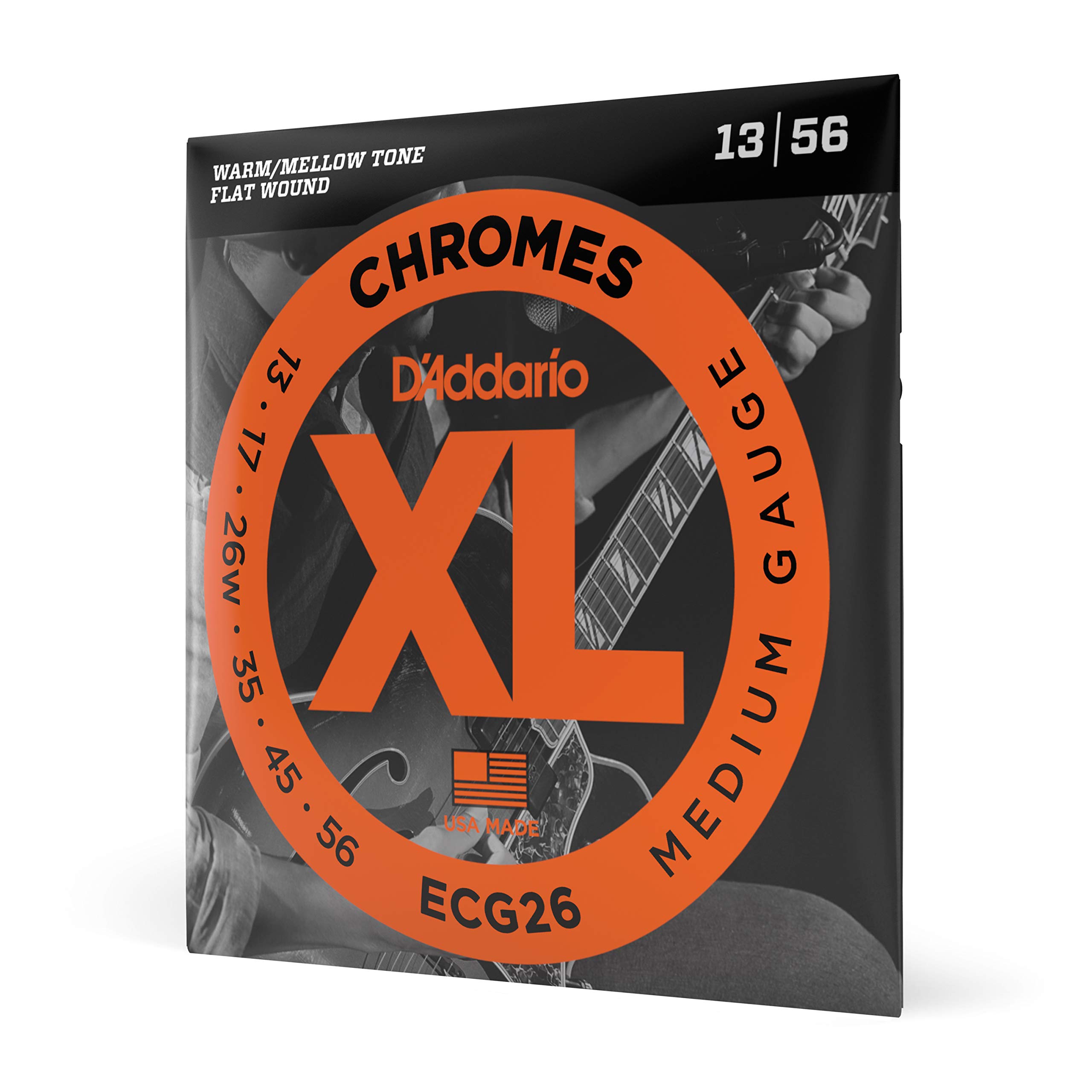 D'Addario Guitar Strings - XL Chromes Electric Guitar Strings - Flat Wound - Polished for Ultra-Smooth Feel and Warm, Mellow Tone - ECG26 - Medium, 13-56, 1-Pack