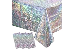 FUNNYPARS 3 Pack New Iridescent Silver Tablecloth Party Decorations, Holographic Silver Glitter Plastic Tablecloth, Disposable Laser Rectangle Table Cover for Disco Birthday 70s Theme Party Decorations, 54x108"