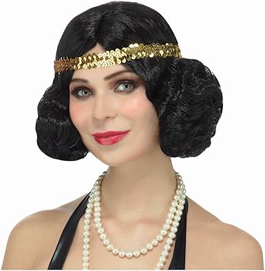 Amazon Com Roaring 20 S Flapper Costume Wig Black Hair With Gold