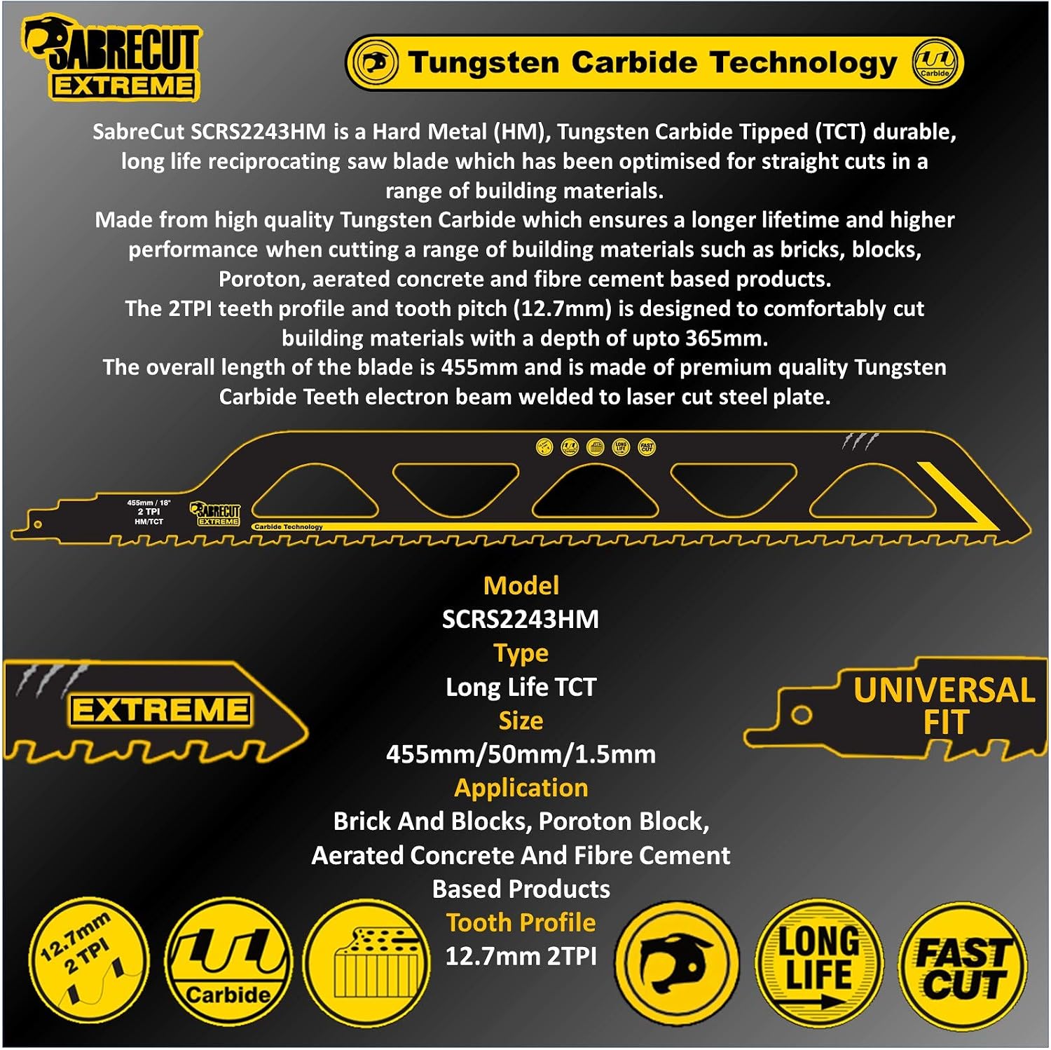 2 x SabreCut SCRS2243HM_2 Tungsten Carbide 455mm 2 TPI S2243HM Large Bricks Poroton Fibre Cement Concrete Straight Cutting Reciprocating Sabre Saw - Image 4