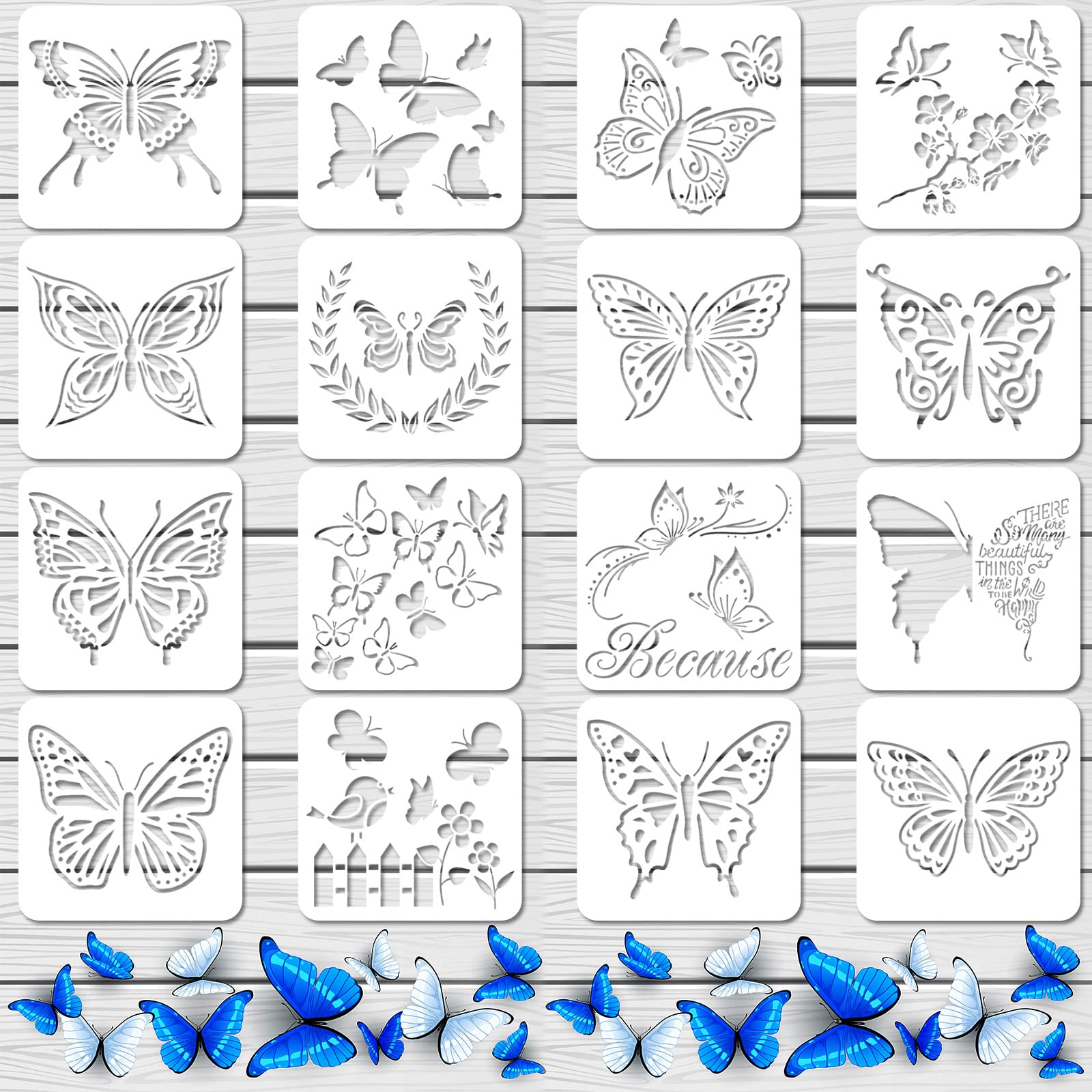 16 Pieces Butterfly Stencils Reusable Butterfly Template Art Painting Stencils for Paint Craft Wall DIY Fabric Floor Home Decor Wood Signs (6 x 6 Inches)