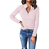 PRETTYGARDEN Spring Quarter Zip Pullover Sweaters for Women 2026 Long Sleeve Collared Fitted Ribbed Knit Tops