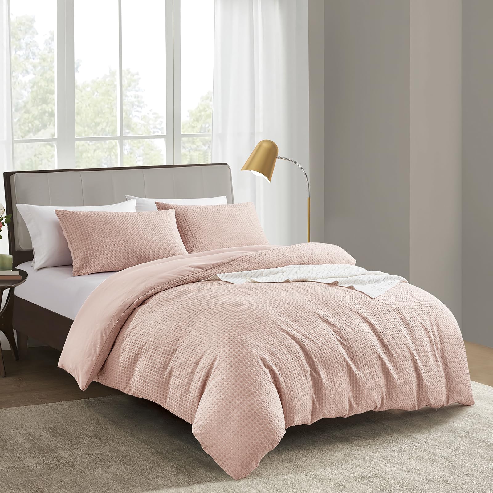 KASYLAN Breathable Duvet Cover Set with Zipper Closure - Waffle Dobby Weave Texture Duvet Sets, Modern Boho Duvet Cover & Pillow case, All Season Microfiber Bedding Quilt Cover Set (King, Pink) — image 1