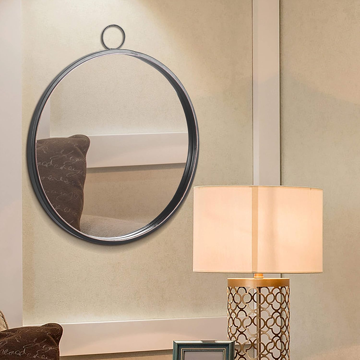 RiteSune Black Round Mirrors for Wall Decor, Brushed Metal Frame Wall Mirror for Bedroom Bathroom Living Room Entryway: Furniture & Decor