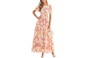 PRETTYGARDEN Tulle Floral Dress Women Summer Wedding Guest 2026 Spring Short Sleeve Maxi Smocked Flowy Beach Party Dresses