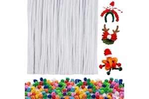 KGXULR 100 Pieces Pipe Cleaners Chenille Stem, St. Patrick's Day Pipe Cleaners Chenille Stems Include White Craft Chenille Stems Multicolor Pom Poms Balls for DIY Art Crafts Decorations Supplies (White)
