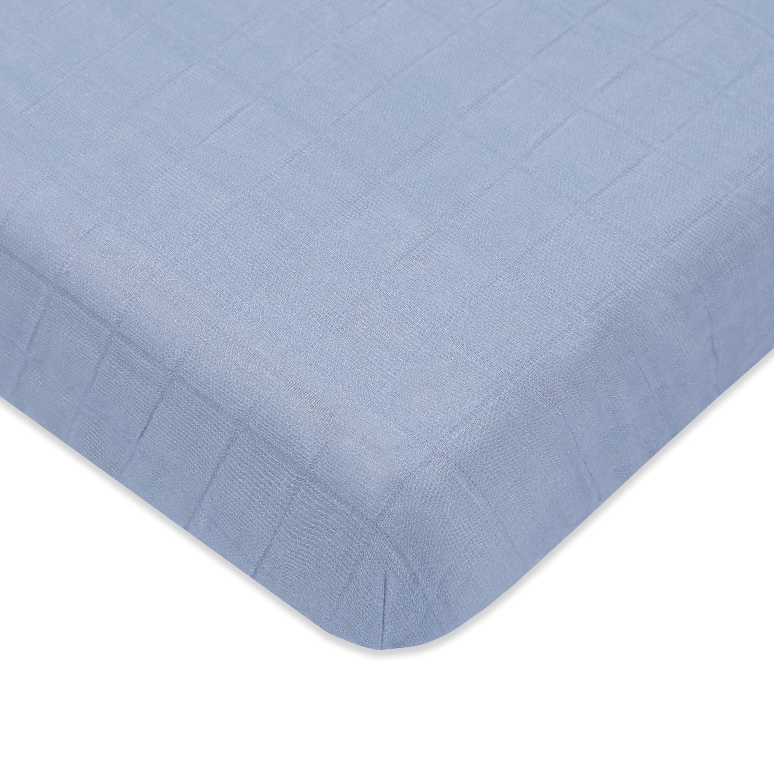 Photo 1 of Babyletto 100% Organic Cotton Mini Crib Sheet, GOTS-Certified, Fitted 360°, Ultra-Soft and Breathable Muslin - Dewdrop Blue