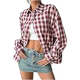 Floerns Women's Y2k Plaid Button Down Shirts Long Sleeve Loose Going Out Blouse Tops
