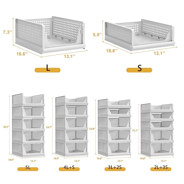 PROAREA 5 PACK STACKABLE PLASTIC STORAGE BASKET CLOSET ORGANIZER BIN FOLDABLE CLOTHES ORGANIZER STORAGE DRAWER SHELF CONTAINER FOR LIVING ROOM BATHROOM KITCHEN OFFICE (4L+1S)