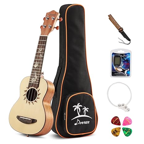 Donner Sopran Ukulele Fichte 21 Zoll Ukulele Natur, DUS-3 Ukulele Set mit Gigbag Nylon Saiten Tuner Gurt