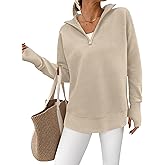 PRETTYGARDEN Womens Long Sleeve Quarter Zip Pullover Sweater Casual Loose V Neck Collared Ribbed Knit Jumper Tops Thumb Hole