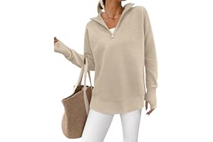 PRETTYGARDEN Womens Long Sleeve Quarter Zip Pullover Sweater Casual Loose V Neck Collared Ribbed Knit Jumper Tops Thumb Hole