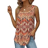 Saloogoe Summer Tank Tops for Women Loose Fit Pleated Square Neck Sleeveless Tops Curved Hem Flowy