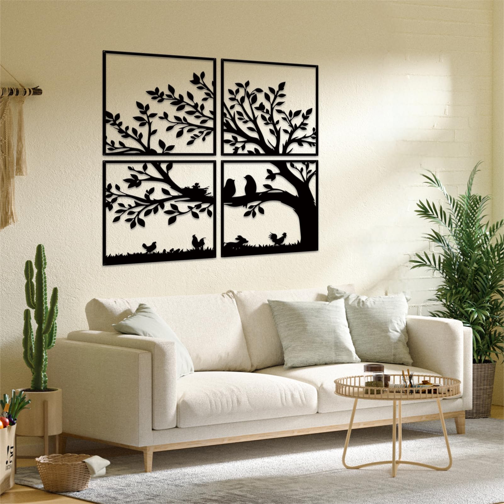 ruelen 4 Pieces Metal Birds and Branch Wall Art, Tree of Life Metal Wall Art, Black Leaves with Birds Silhouette Hanging Wall Sculpture (23.6x23.6inches/60x60cm)