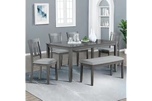 Trygoal 6-Piece Dining Table Set for 4-6 People, Kitchen Set with 4 Upholstered Chairs and One Bench, Living Room Chairs with Slatted Backrest, Rectangular Wooden Table for Home Bar and Kitchen, Gray