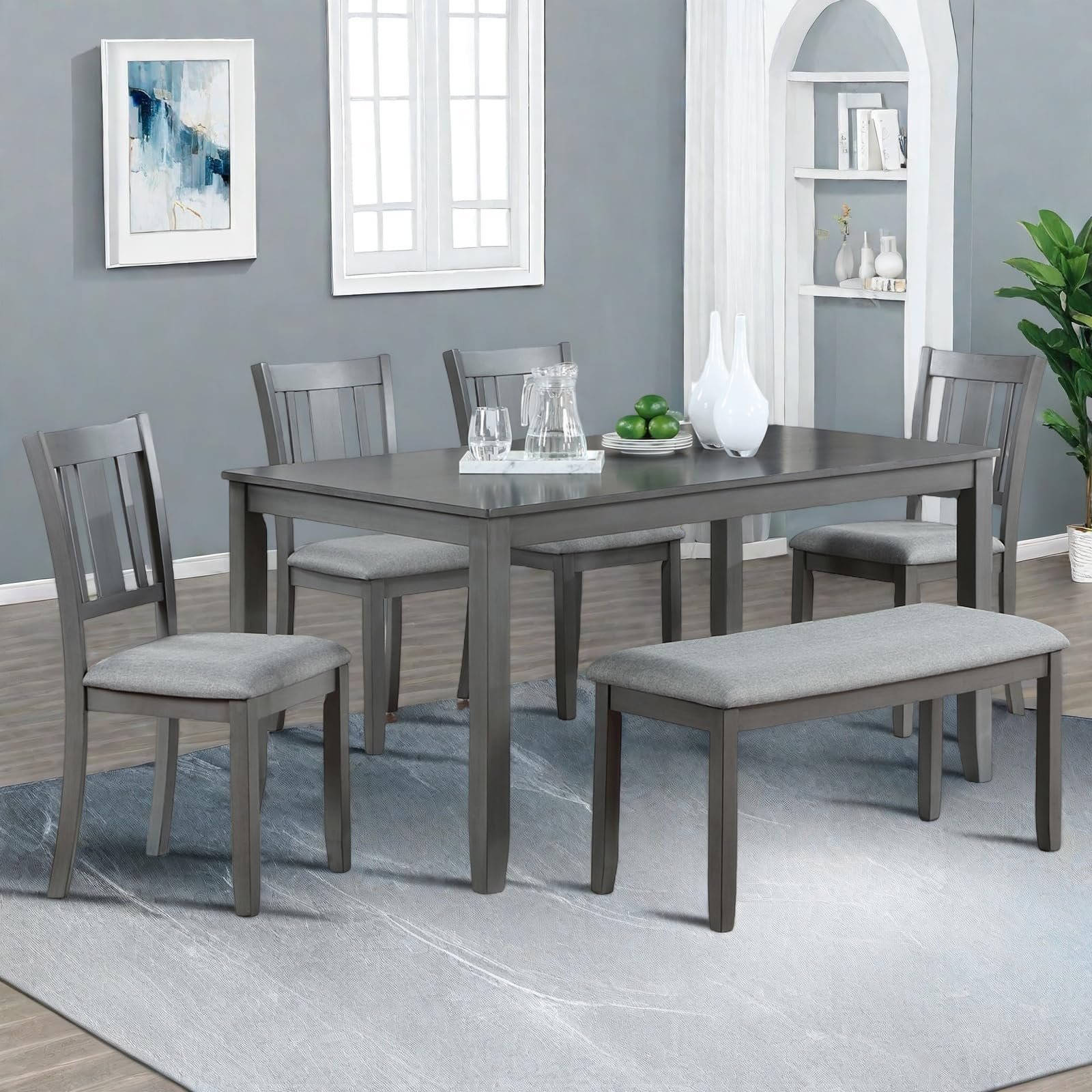 Photo 1 of *ONLY CHAIRS INCLUDED**Trygoal 6-Piece Dining Table Set for 4-6 People, Kitchen Set with 4 Upholstered Chairs and One Bench, Living Room Chairs with Slatted Backrest, Rectangular Wooden Table for Home Bar and Kitchen, Gray